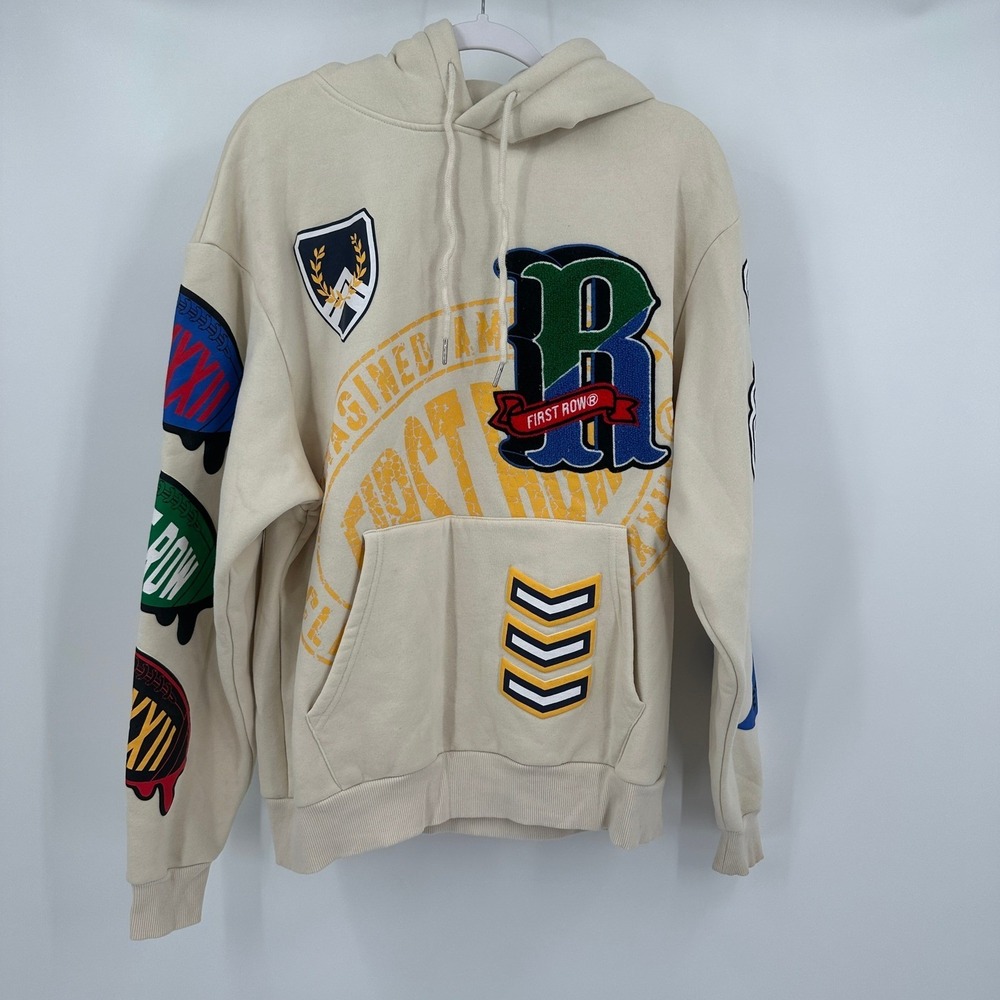 First Row Mens Cream Varsity Patchwork Graphic Hoodie Sz S Streetwear Collegiate